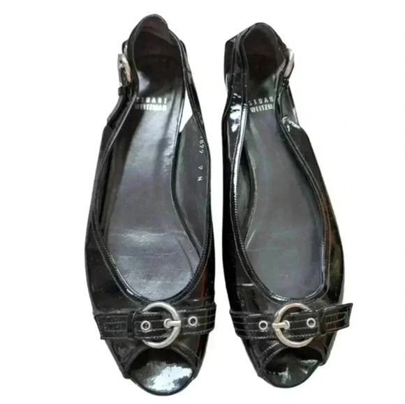 Stuart Weitzman Chit  Chat Flats Peep Toe Patent Leather Black Silver Women's 9 - Picture 4 of 16